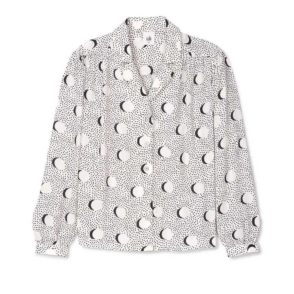 CAbi White and Black Crescent Dot Button-Up Blouse